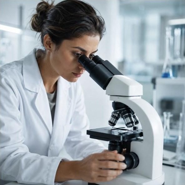 Researcher examining a sample under a microscope, representing the clinical research behind LeanBiome